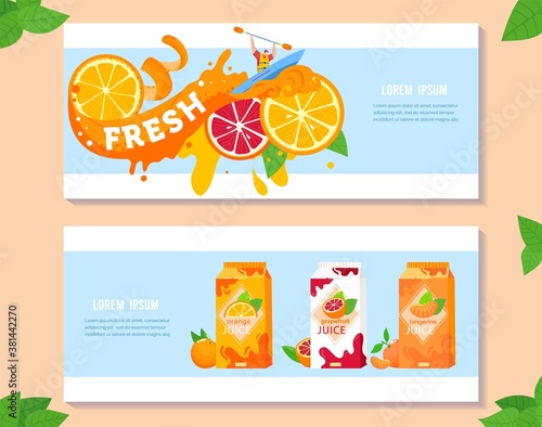 Citrus fruit juice vector illustration set. Cartoon flat summer advertising banners with orange juice splashes and waves, orange or grapefruit ripe slices, different juicy citrus drinks in packaging