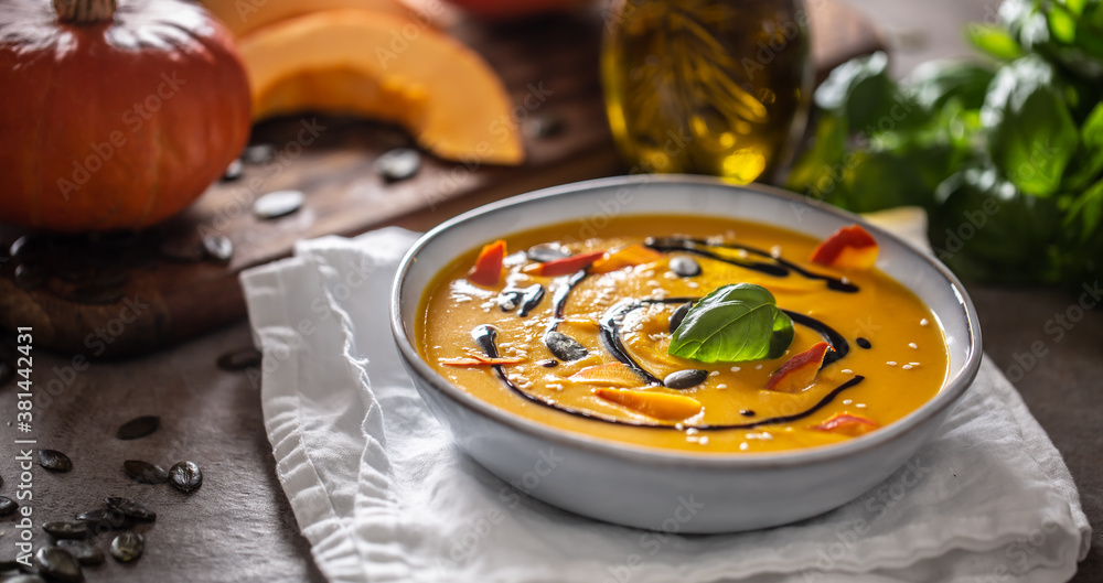 Homemade pumpkin soup in bowles with. Autumn hokkaido soup with balsamic vinegar Homemade pumpkin soup in bowles with. Autumn hokkaido soup with balsamic vinegar
