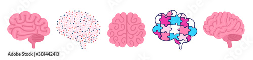 Set of vector brains. Illustrations for label of medicine, advertisement poster or banner for psychologist or department of neurology, design for website or article about mental health or neuroscience