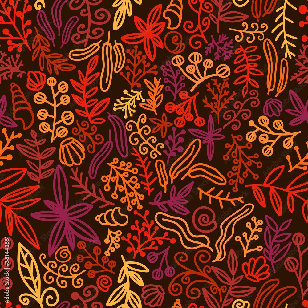 autumn pattern with leaves and branches on a black background autumn pattern with leaves and branches on a black background