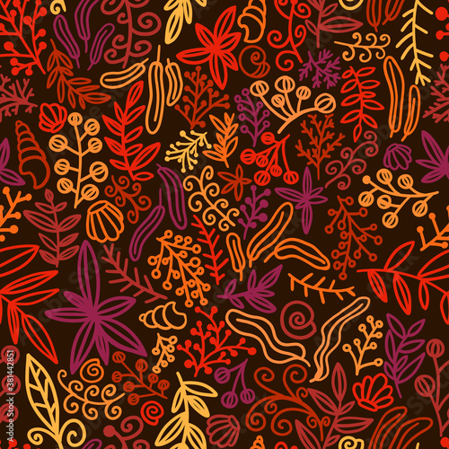 autumn pattern with leaves and branches on a black background