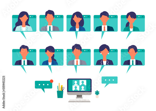 Business people in virtual window frames. Vector illustration of people having communication via telecommuting system.