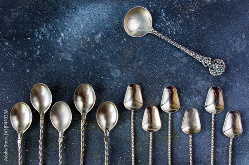 Silverware, silver vintage spoon background, spoon set