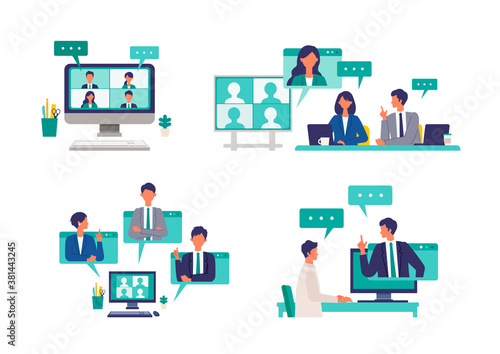Several situations of telecommuting work in the new normal lifestyles. Flat design vector illustration of teleworking people.
