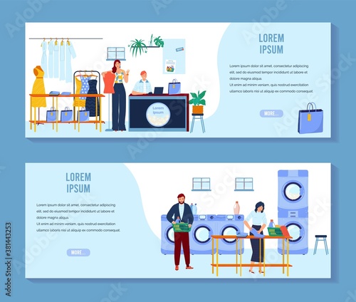 Laundry, dry cleaning vector illustration set. Cartoon flat people clean clothes in laundromat, woman ironing clothing, professional cleaner characters working in cleaning service banner collection