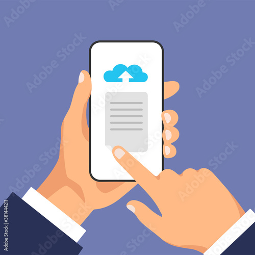 Cloud storage concept. Businessman uploads files or document to cloud storage on phone. Download process. Vector illustration.	