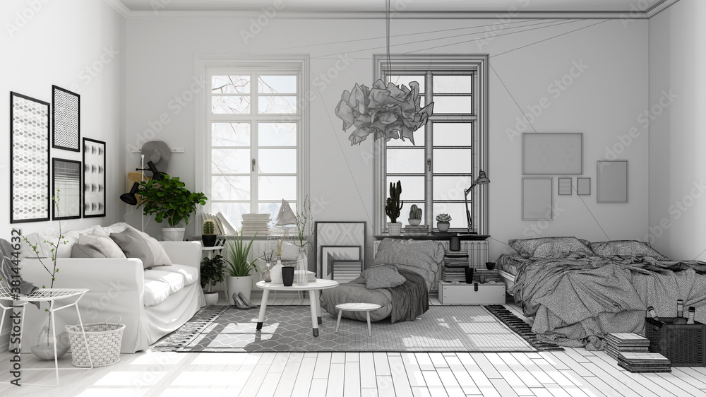 Architect interior designer concept: unfinished project that becomes real, scandinavian open space, living room and bedroom with sofa and bed, carpet, plants, parquet, modern design Architect interior designer concept: unfinished project that becomes real, scandinavian open space, living room and bedroom with sofa and bed, carpet, plants, parquet, modern design