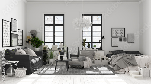Scandinavian open space in white and gray tones, living room and bedroom with sofa and bed, coffee tables, carpet, decors and potted plants, parquet floor, modern interior design