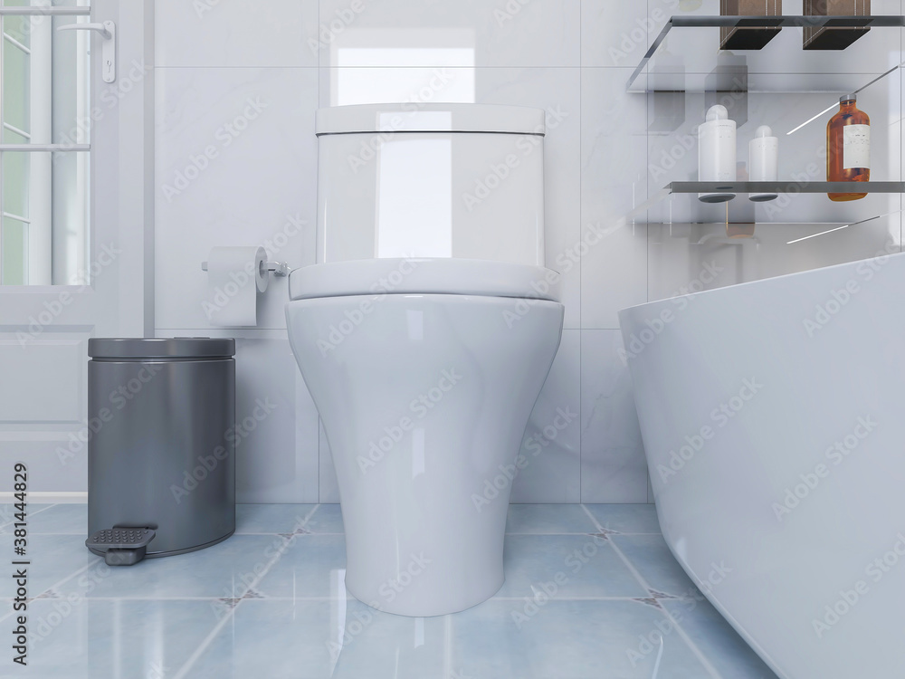 Family bathroom design, which placed toilet, bathtub, mirror and a variety of toiletries Family bathroom design, which placed toilet, bathtub, mirror and a variety of toiletries