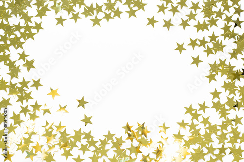 Christmas frame with gold star confetti. Holiday background for New Year on white