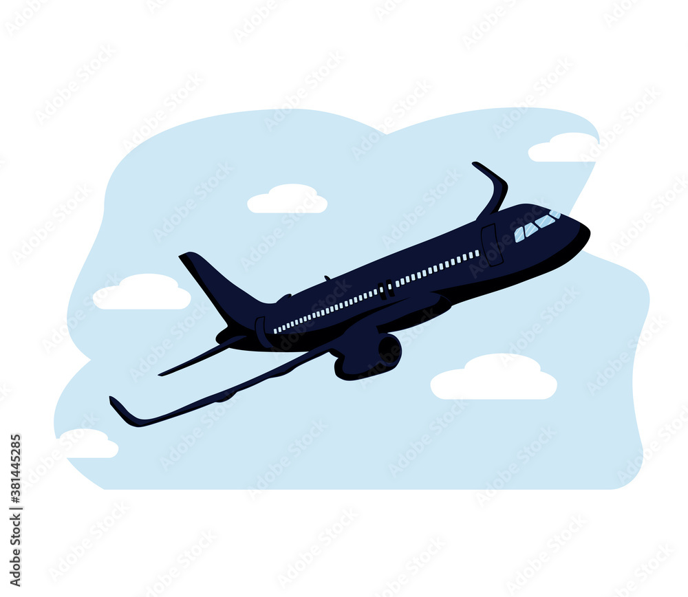 Flat airplane illustration, view of a flying aircraft. Airplane flying in the blue sky background. Airplane in sky concept.