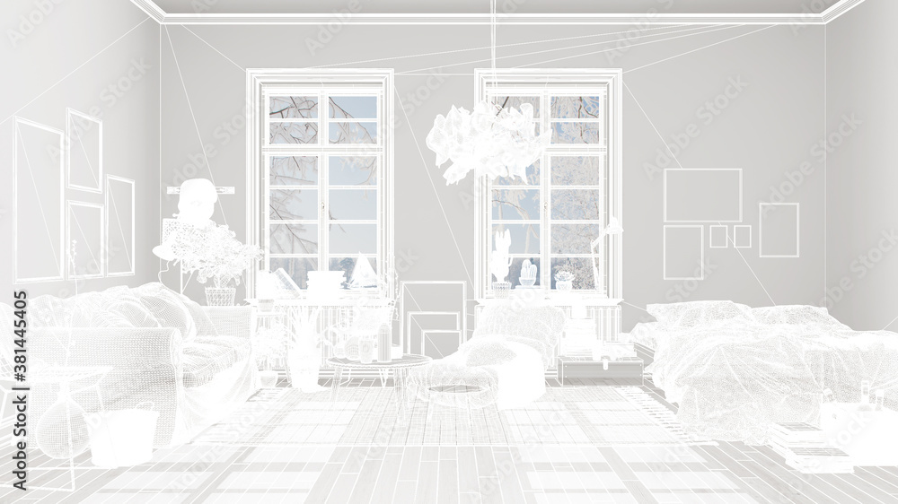 Fototapeta premium Empty white interior with white walls and parquet wooden floor, custom architecture design project, white ink sketch, blueprint showing scandinavian living room with bed, architecture
