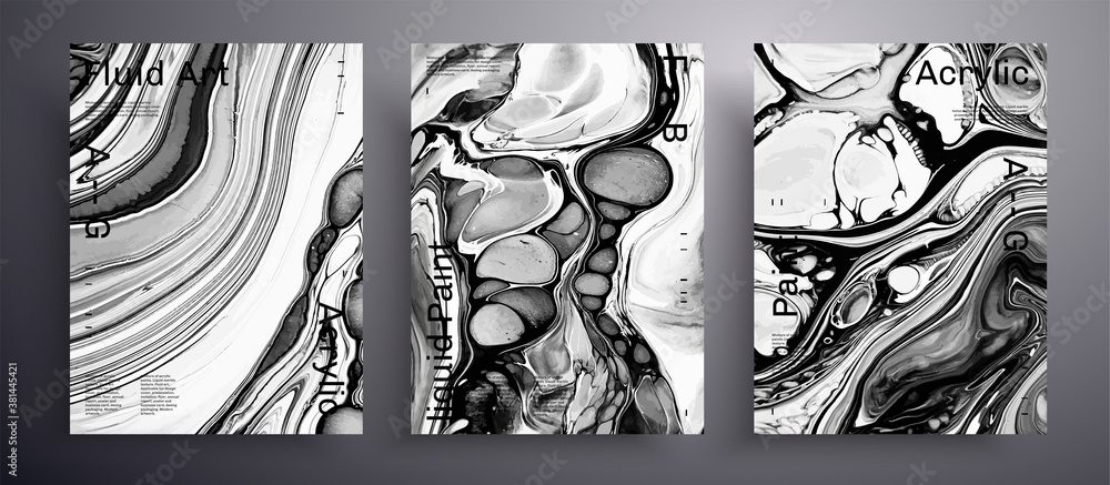 Fototapeta Abstract acrylic banner, fluid art vector texture set. Trendy background that applicable for design cover, invitation, flyer and etc. Black and white creative iridescent artwork.