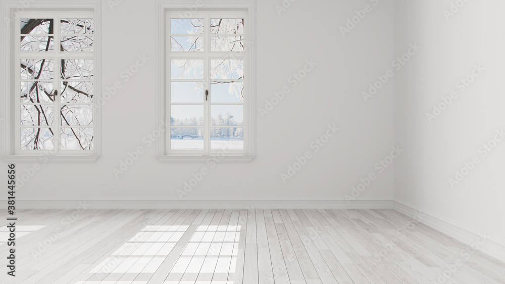 Fototapeta premium Empty room interior design, open space with big panoramic window, white parquet floor, winter snow panorama, modern architecture idea