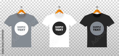 Mockup of t-shirts with place for your design in a flat style. Summer clothing in the front side. Template of white, black and grey shirt for man and woman, male and female, boy and girl.	