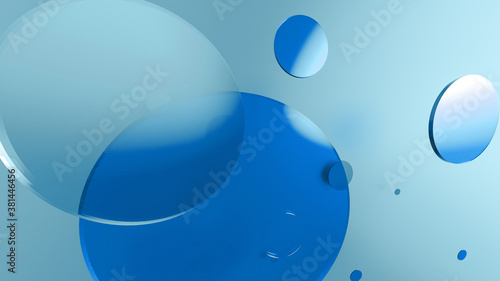 blue metal and opaque circles and cylinders on colored background. Abstract background for graphic design with transparent glass shapes. 3d render illustration with lights and shadows.