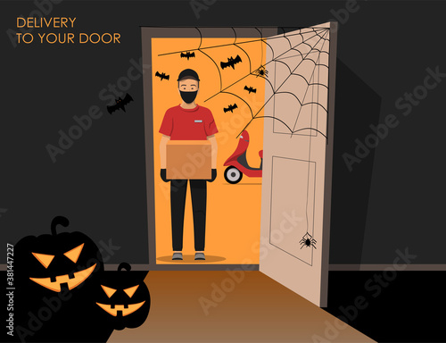 Halloween. Delivery guy wearing a mask and gloves, handing box on doorway. Full length man with delivery motorbike in the background.