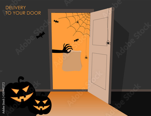Delivery of goods for Happy Halloween. Scary hand holding a package.Open doors. Outside the house. Stock vector illustration.