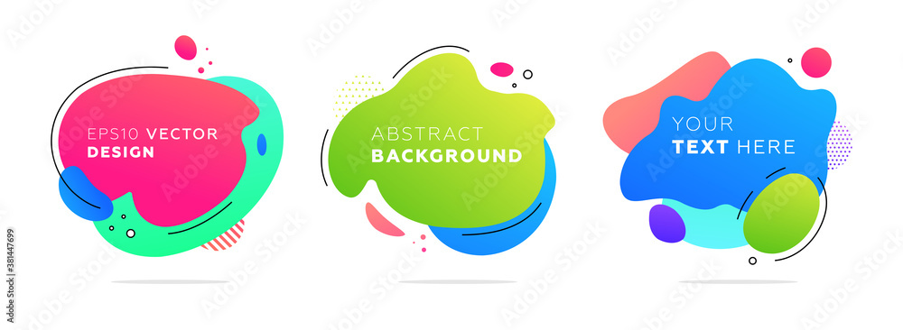 Abstract liquid fluid shapes set. Dynamic composition with trendy flat geometric badges elements collection. Gradient banner templates for modern covers and presentations. Eps10 vector illustration
