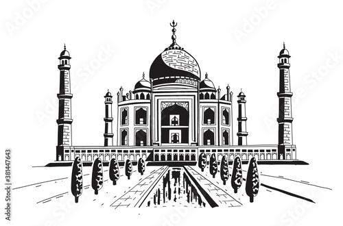 Taj Mahal is a palace in India. Landmark, architecture, hindu temple. Mosque. Engraving, hand drawing, in two colors, black and white. Vector illustration