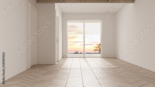 Empty room interior design, open space with white walls and parquet wooden floor, panoramic window, modern contemporary architecture, morning light, mock-up with copy space © ArchiVIZ