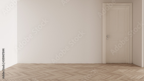 Empty room interior design, open space with white walls and parquet wooden floor, white door, modern contemporary architecture, morning light, mock-up with copy space