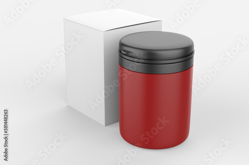 glossy jar with lid for sport powder - protein, vitamins, bcaa, tablets. Photo-realistic packaging mockup template. 3d illustration