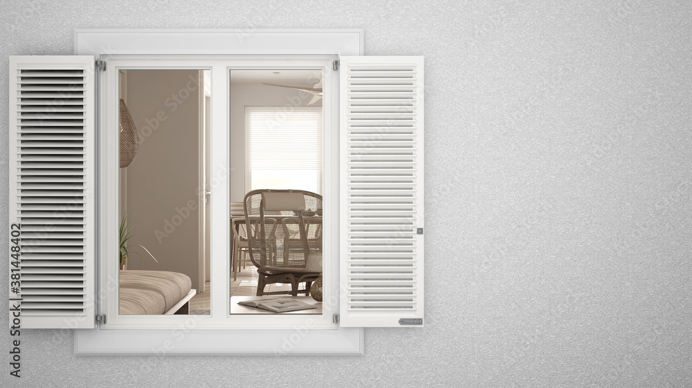 Exterior plaster wall with white window with shutters, showing interior living room with sofa, blank background with copy space, architecture design concept idea, mockup template Exterior plaster wall with white window with shutters, showing interior living room with sofa, blank background with copy space, architecture design concept idea, mockup template