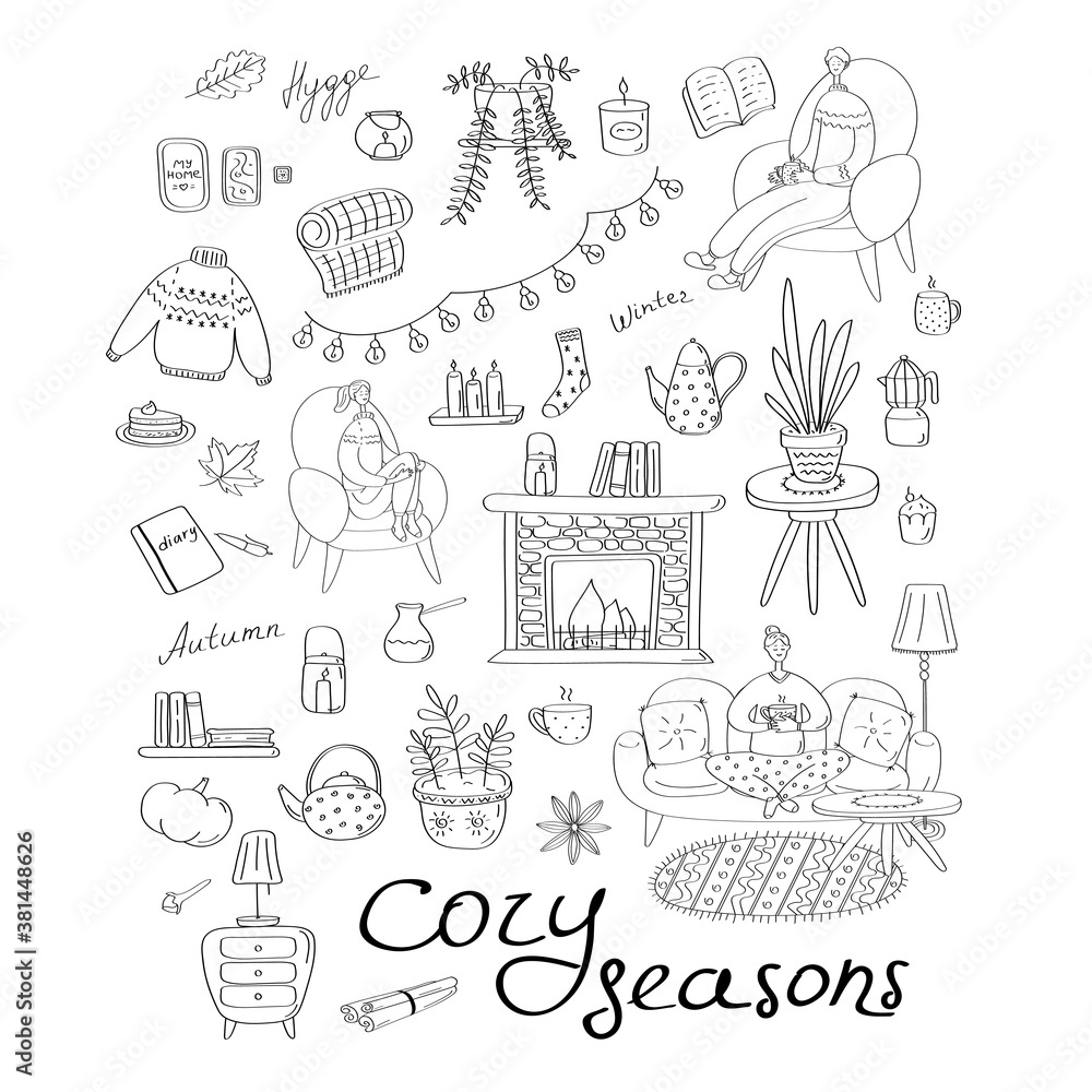 Warm and cozy set. Big collection of hygge elements. Seasonal concept. Linear vector icons