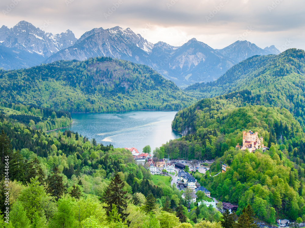 View of the village, Schloss Hohenschwangau and Alpsee, Bavaria, Germany