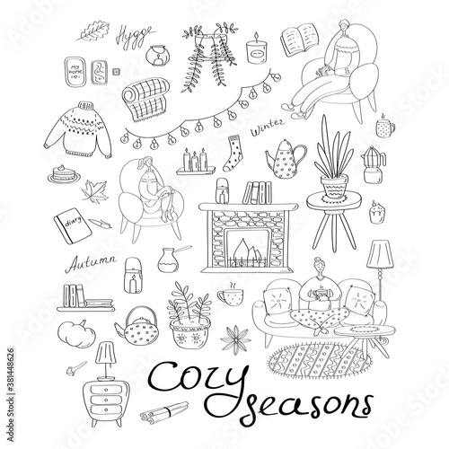 Warm and cozy set. Big collection of hygge elements. Seasonal concept. Linear vector icons