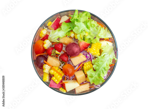 Fruits salad and vegetable in bowl isolated on white background