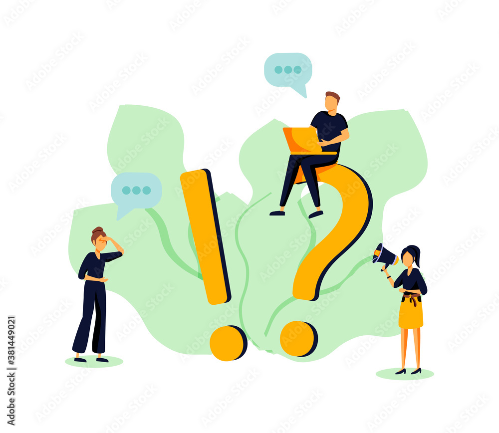 Vector illustration, concept illustration of frequently asked questions people around exclamations and question marks, 