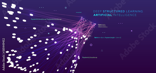 Quantum computing, deep learning artificial intelligence, signal cryptography infographic vector illustrations. Big data algorithms visualization for business, science presentations, posters, covers