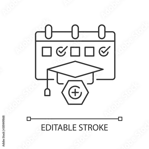 Diagnostic test pixel perfect linear icon. Students education. Examination. Measuring progress. Thin line customizable illustration. Contour symbol. Vector isolated outline drawing. Editable stroke
