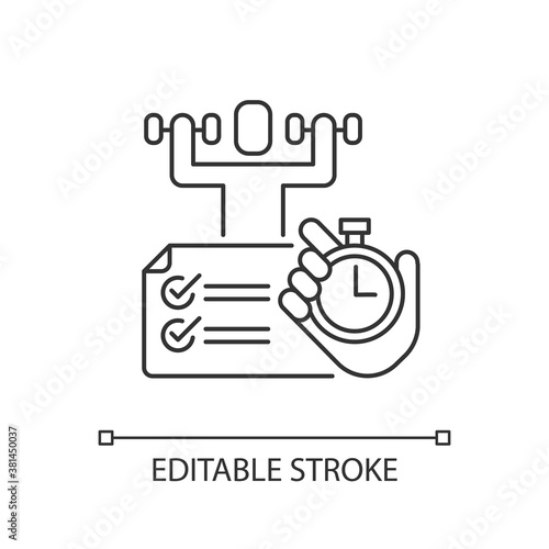 Physical abilities test pixel perfect linear icon. Sport achivment, skill testing. Thin line customizable illustration. Contour symbol. Vector isolated outline drawing. Editable stroke