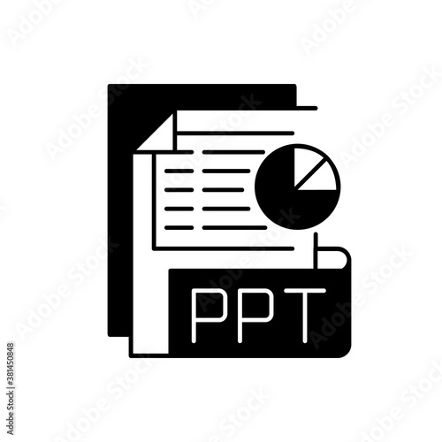 PPT file black linear icon. Slideshow presentation. File extension. PPTX documents. Presentation format. Text, images, sound and video. Outline symbol on white space. Vector isolated illustration