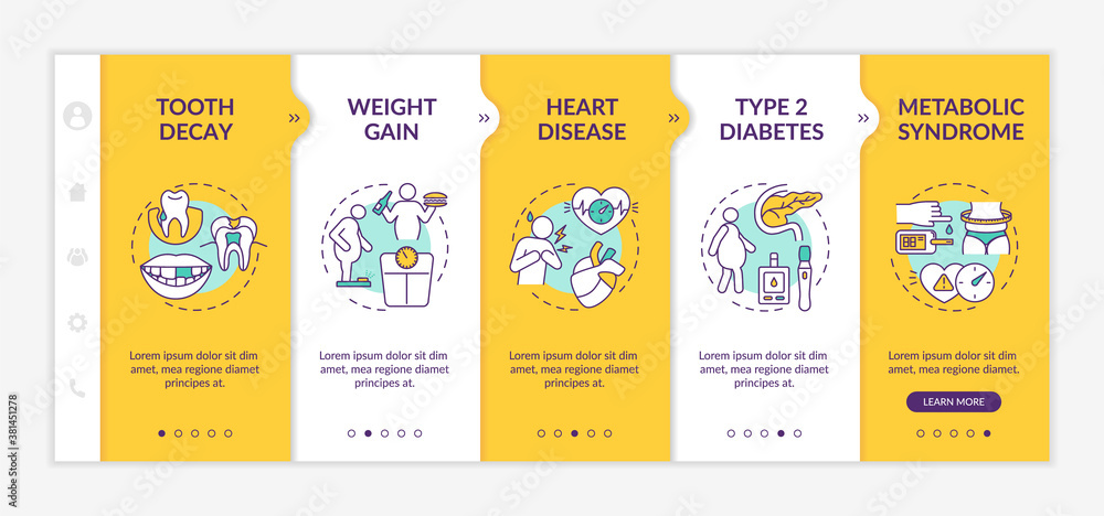 Fototapeta premium Consuming energy beverages risks onboarding vector template. Weight gain. Heart disease. Metabolic syndrome. Responsive mobile website with icons. Webpage walkthrough step screens. RGB color concept