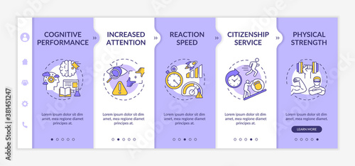Energetics mental and physical stimulation onboarding vector template. Cognition. Citizenship service. Responsive mobile website with icons. Webpage walkthrough step screens. RGB color concept