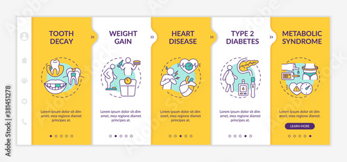 Consuming energy beverages risks onboarding vector template. Weight gain. Heart disease. Metabolic syndrome. Responsive mobile website with icons. Webpage walkthrough step screens. RGB color concept