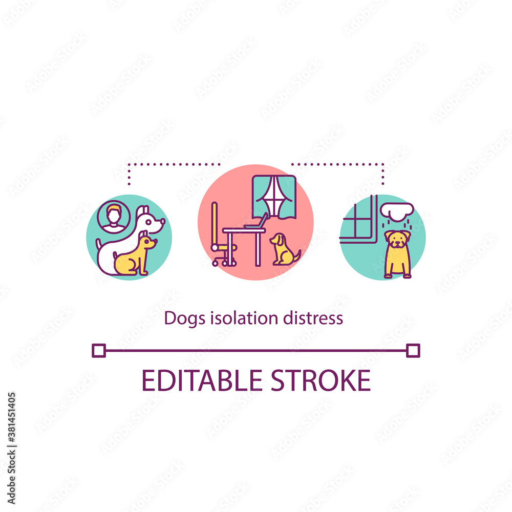 Dogs isolation distress concept icon. Separation anxiety. Behavior and emotional problems. Lonely pets idea thin line illustration. Vector isolated outline RGB color drawing. Editable stroke