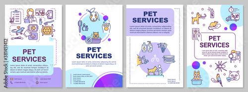 Pet service brochure template. Pet care package. Veterinary inspection. Flyer, booklet, leaflet print, cover design with linear icons. Vector layouts for magazines, annual reports, advertising posters