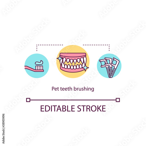 Pet teeth brushing concept icon. Hygiene daily routine. Dental care. Cleaning animals jaws idea thin line illustration. Vector isolated outline RGB color drawing. Editable stroke
