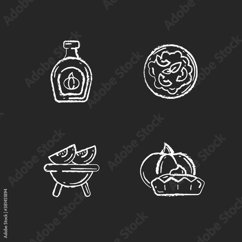 Homemade food chalk white icons set on black background. Roasted gourd, pumpkin risotto, tasty tartlet and syrup. Rustic cooking, traditional autumn dishes. Isolated vector chalkboard illustrations