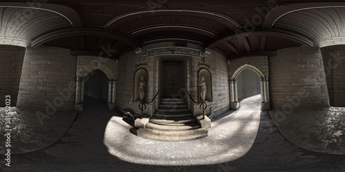 Monumental entrance with ancient wooden gothic doorway with sculptures, Stereographic image, pano 360 vr, 3d rendering, 3d illustration