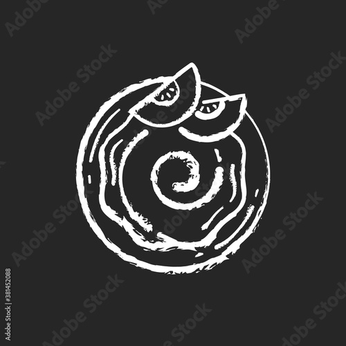 Pumpkin hummus chalk white icon on black background. Traditional arab appetizer, fall season snack. Natural gourd paste. Delicious vegan food, rustic cooking. Isolated vector chalkboard illustration