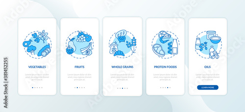 Vegetarian diet components onboarding mobile app page screen with concepts. Healthy cooking ingredients ideas walkthrough 5 steps graphic instructions. UI vector template with RGB color illustration