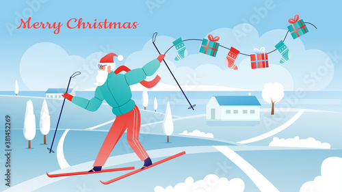 Merry Christmas vector illustration. Cartoon flat active Santa Claus character in sport wear tracksuit skiing in snowy winter landscape, holding Christmas presents and Xmas socks with gifts background