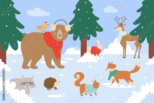 Animals in winter forest vector illustration. Cartoon flat cute animalistic group of characters wearing scarf or sweater, standing together in wild snow nature woods landscape wintertime background