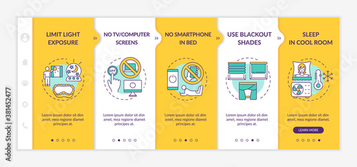 Sleep improvement onboarding vector template. No smartphone in bed. Blackout curtains. Cool room. Responsive mobile website with icons. Webpage walkthrough step screens. RGB color concept